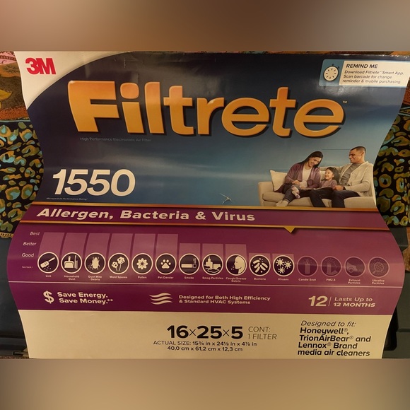 FILTRETE HVAC Filter 16" X 25" X 5". 1550 MPR. High Performance Electrostatic - Picture 2 of 15